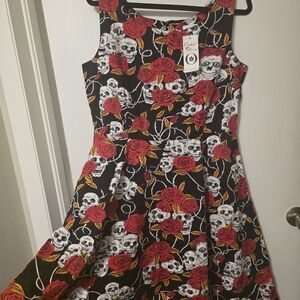 Black Strapless Dress with Red Rose & White Skull Print